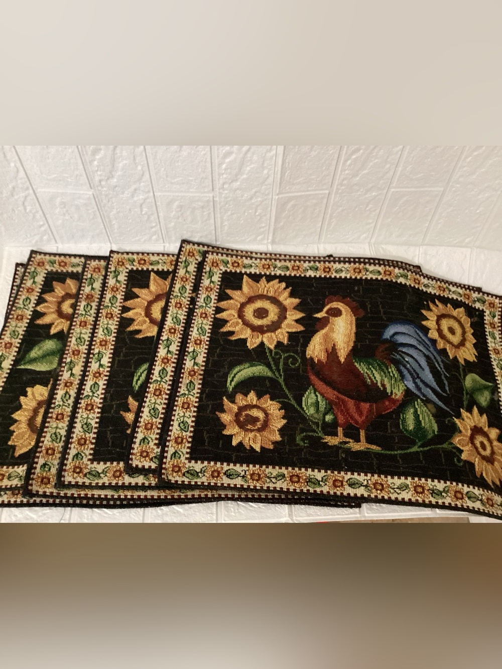 Set of 6 Tapestry Cloth Placemats with Sunflowers and Rooster Design